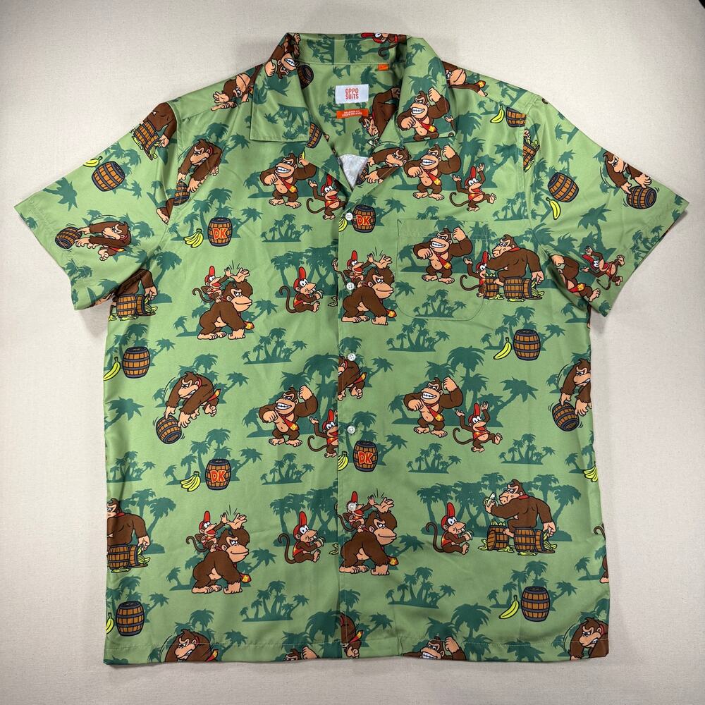 OppoSuits Nintendo Donkey Kong Hawaiian Camp Shirt Men's Large Green Button Up
